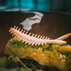 Pesce impiattato con lisca croccante e erbe su piatto elegante.