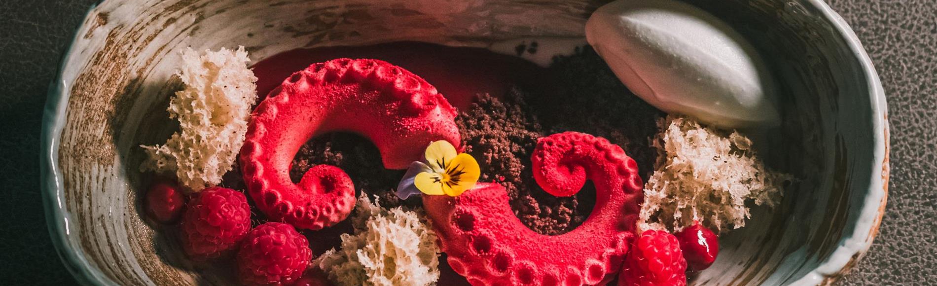 A dessert in a ceramic bowl