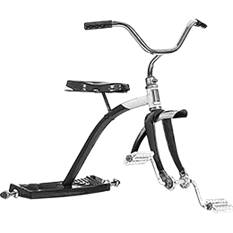 Tricycle with front pedals and wide rear step board, unusual modern design.